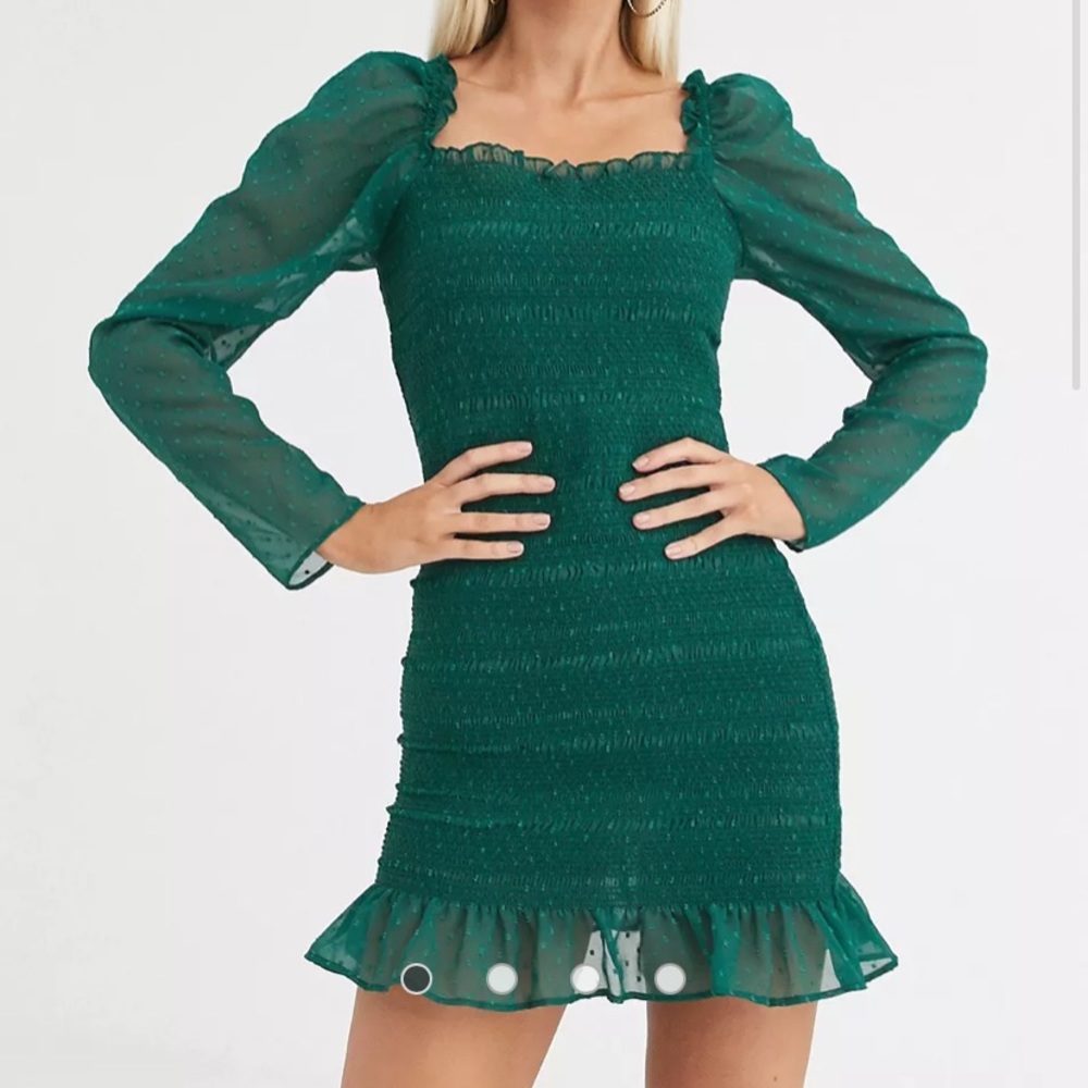 ASOS plus size shirred mini dress in dobby in forest green